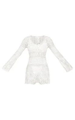 White Tie Front Flare Sleeve Crochet Lace Bodycon Dress