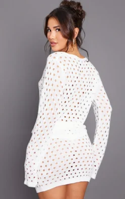 White Tie Front Hole Knit Top