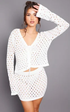 White Tie Front Hole Knit Top