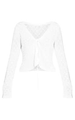 White Tie Front Hole Knit Top