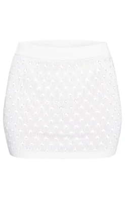 White Tie Front Hole Knit Mini Skirt