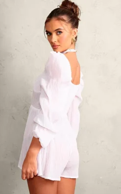 White Tie Front Textured Romper