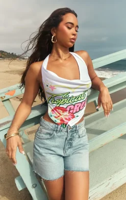 White Tropical Print Cowl Crop Top