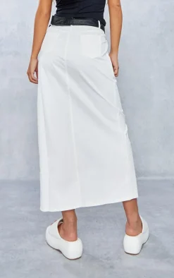 White Twill Split Front Midaxi Skirt