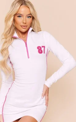 White Varsity Contrast Half Zip Bodycon Dress