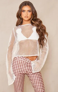 White Wide Fishnet Long Sleeve Long Top