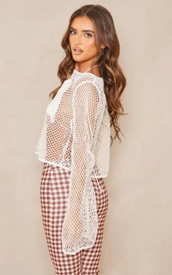 White Wide Fishnet Long Sleeve Long Top