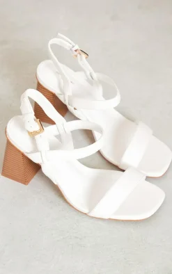 White Wide Fit Faux Leather Square Toe Strap Block Heeled Sandals