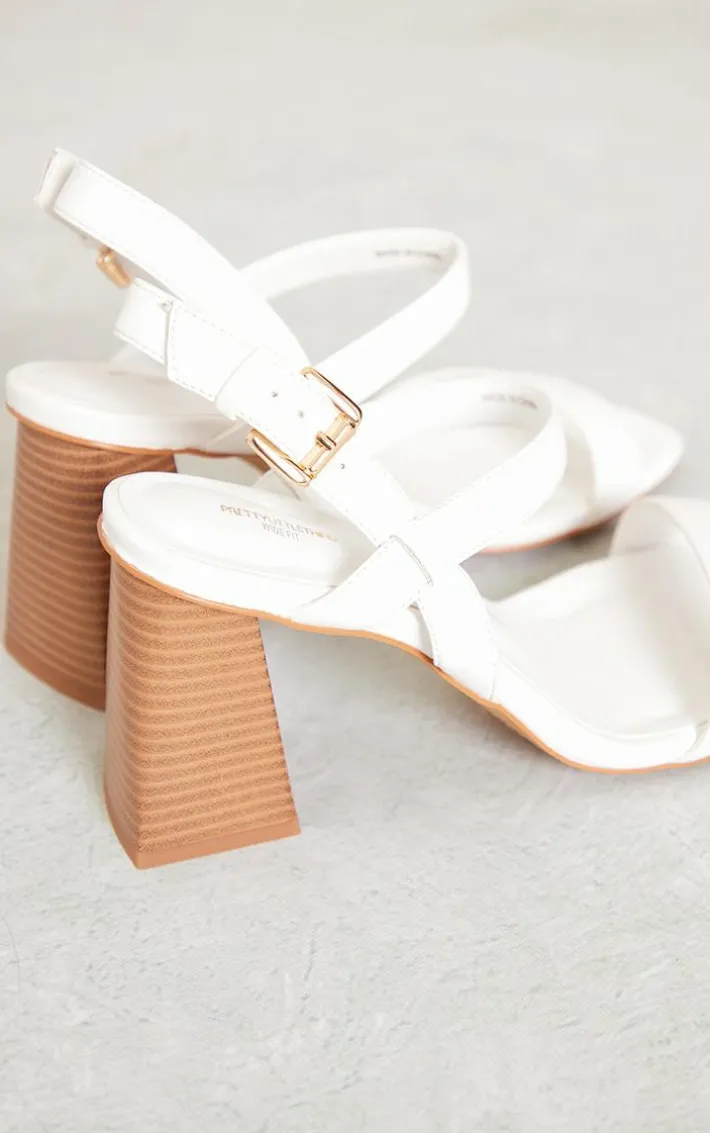 White Wide Fit Faux Leather Square Toe Strap Block Heeled Sandals
