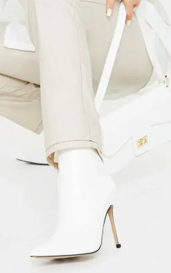 White Wide Fit Mid Heel Pointed Ankle Boots