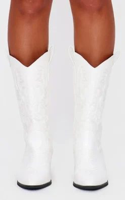 White Wide Fit Point Toe Stitching Heeled Ankle Cowboy Boots