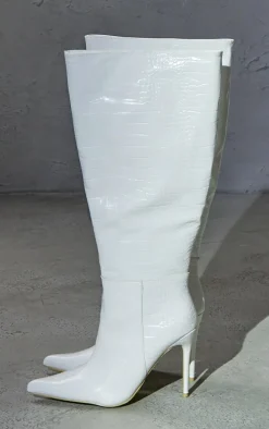 White Wide Fit PU Croc Point Toe High Stiletto Heeled Knee Boots