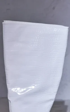 White Wide Fit PU Croc Point Toe High Stiletto Heeled Knee Boots