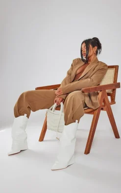 White Wide Fit Pu Point Toe Fold Over High Heeled Calf High Boots