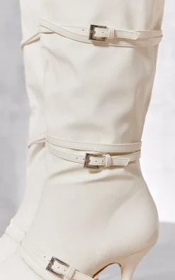 White Wide Fit Pu Point Toe Knee High Buckle Low Heeled Boots