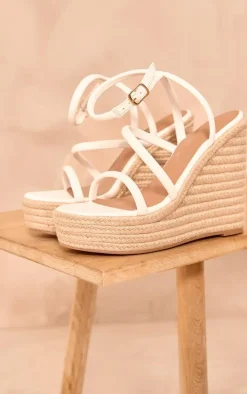 White Wide Fit Pu Round Toe Asymmetric Strap Platform Heeled Wedges