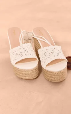 White Wide Fit Pu Round Toe Woven Strap Lace Up Espadrille Wedges