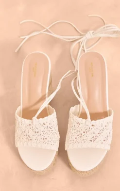 White Wide Fit Pu Round Toe Woven Strap Lace Up Espadrille Wedges