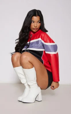 White Wide Fit Pu Slight Platform High Block Heeled Knee Boots