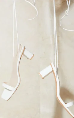 White Wide Fit PU Square Toe Lace Up Low Block Heeled Sandals