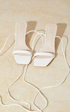 White Wide Fit PU Square Toe Lace Up Low Block Heeled Sandals