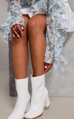 White Wide Fit PU Square Toe Block Heeled Ankle Boots