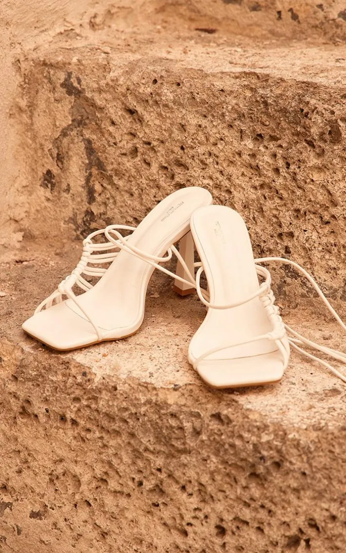 White Wide Fit Pu Square Toe Knot Lace Up Side Detail High Heeled Sandals