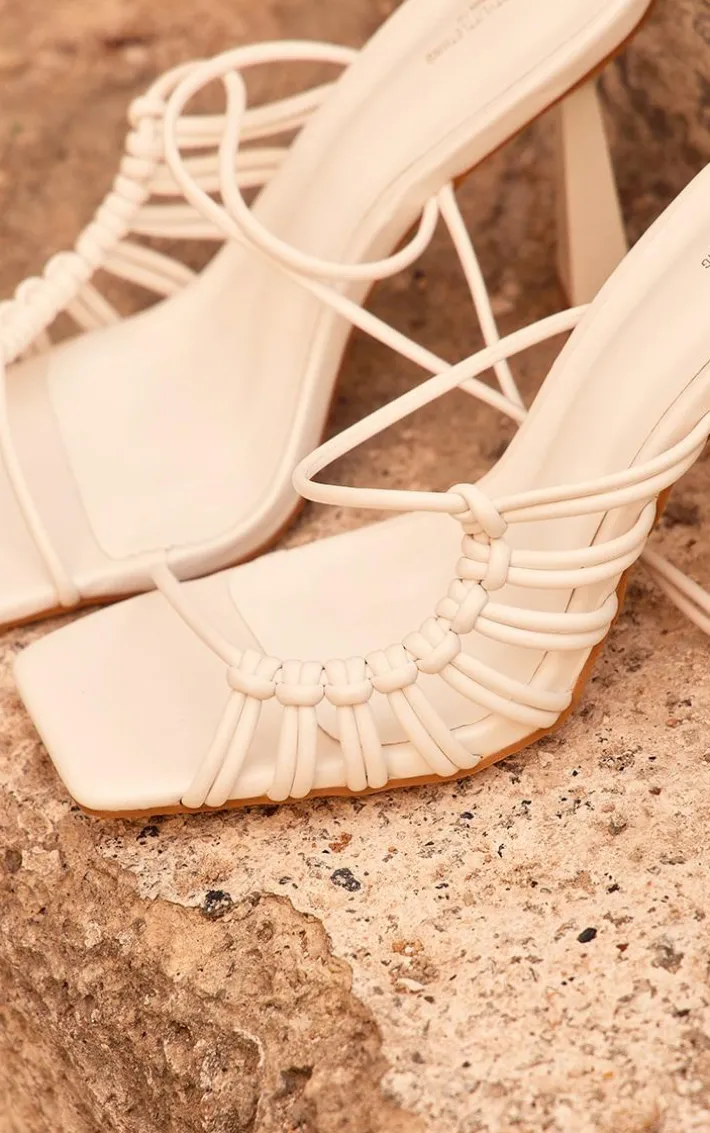 White Wide Fit Pu Square Toe Knot Lace Up Side Detail High Heeled Sandals