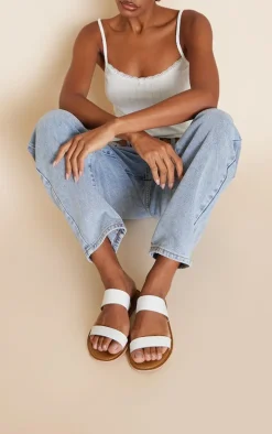 White Wide Fit Twin Strap Basic Leather Sandals