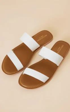 White Wide Fit Twin Strap Basic Leather Sandals