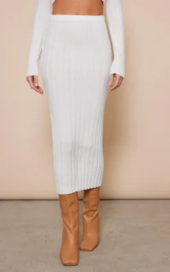 White Wide Rib Knit Midaxi Skirt