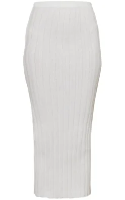 White Wide Rib Knit Midaxi Skirt