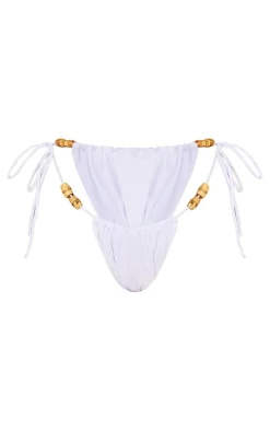White Wooden Bead Ruched Tie Side Bikini Bottoms