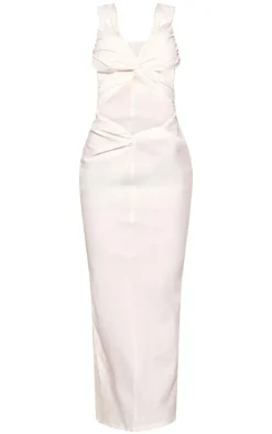 White Woven Cut Out Knot Front Detail Capped Sleeve Maxi Dress