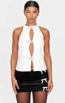 White Woven Diamante Bow Split Long Top