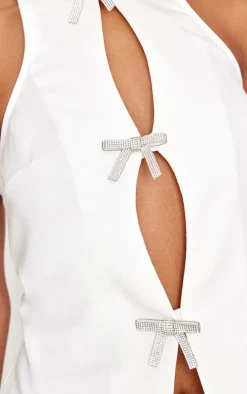 White Woven Diamante Bow Split Long Top
