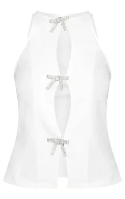 White Woven Diamante Bow Split Long Top