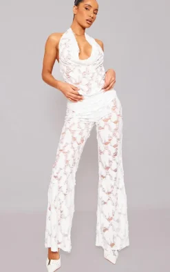 White Woven Distressed Low Rise Wide Leg Pants