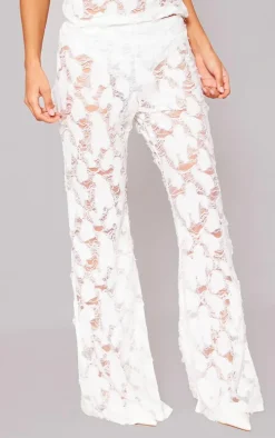 White Woven Distressed Low Rise Wide Leg Pants