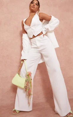 White Woven Double Belt Loop Suit Pants