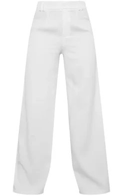 White Woven Double Belt Loop Suit Pants