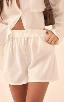 White Woven Elastic Waist Floaty Shorts