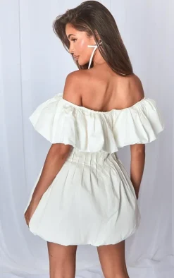 White Woven Extreme Puff Bardot Shift Dress