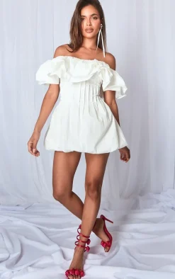 White Woven Extreme Puff Bardot Shift Dress