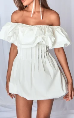 White Woven Extreme Puff Bardot Shift Dress