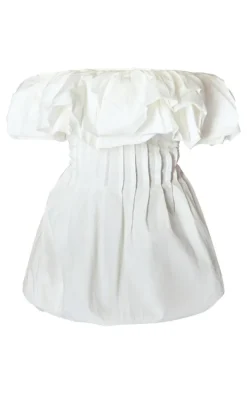 White Woven Extreme Puff Bardot Shift Dress