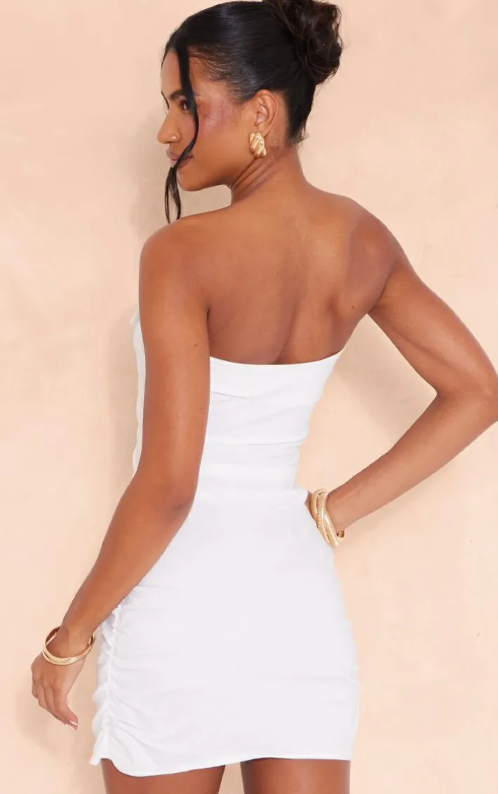 White Woven Flower Applique Bandeau Bodycon Dress