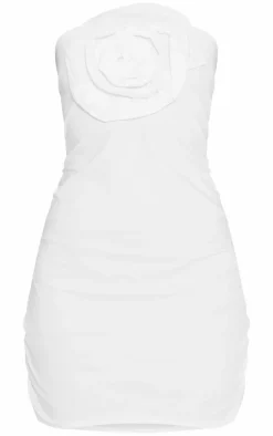 White Woven Flower Applique Bandeau Bodycon Dress