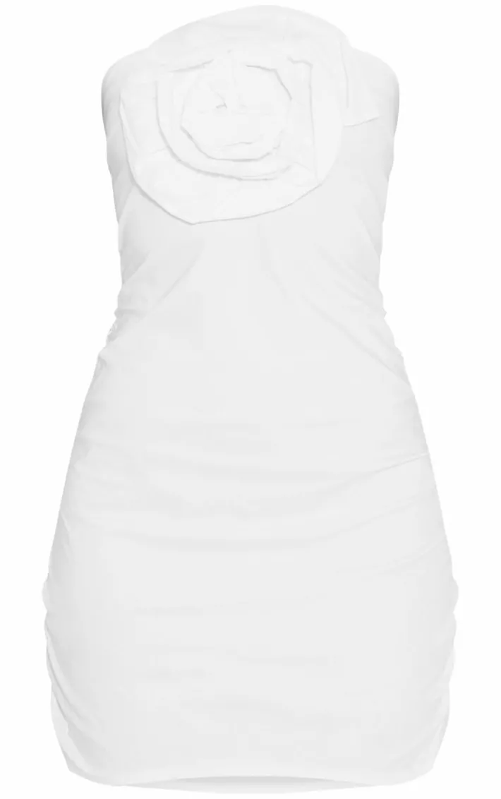 White Woven Flower Applique Bandeau Bodycon Dress