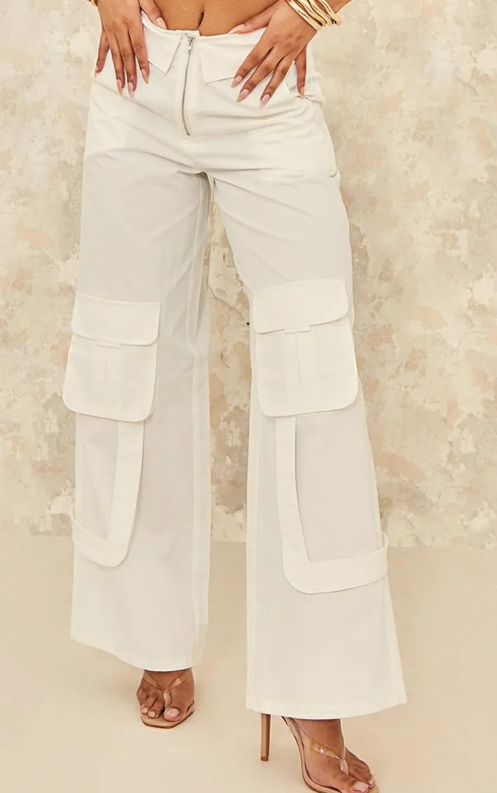 White Woven Foldover Waist Zip Front Cargos